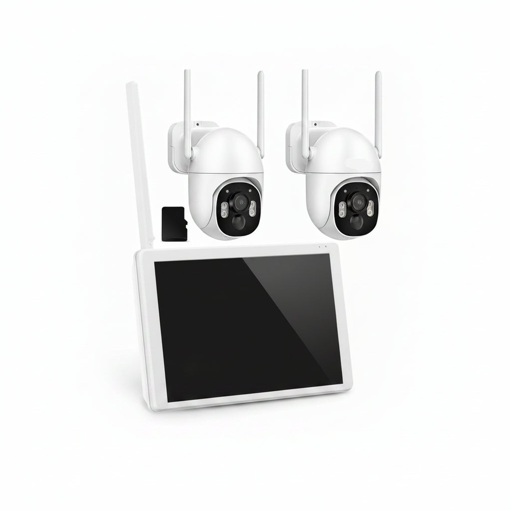 4MP Solar Wireless Security Cameras with Touch Monitor, 2-Cam Kit